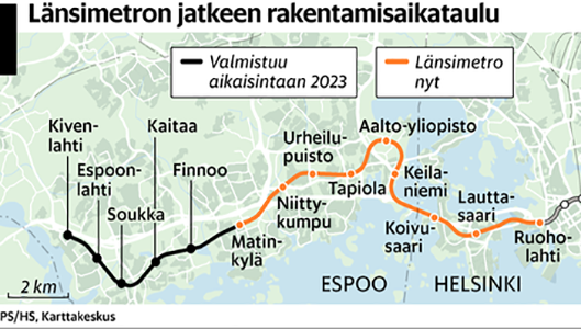 Helsingin Metrolla Kivenlahteen saakka . alkaen